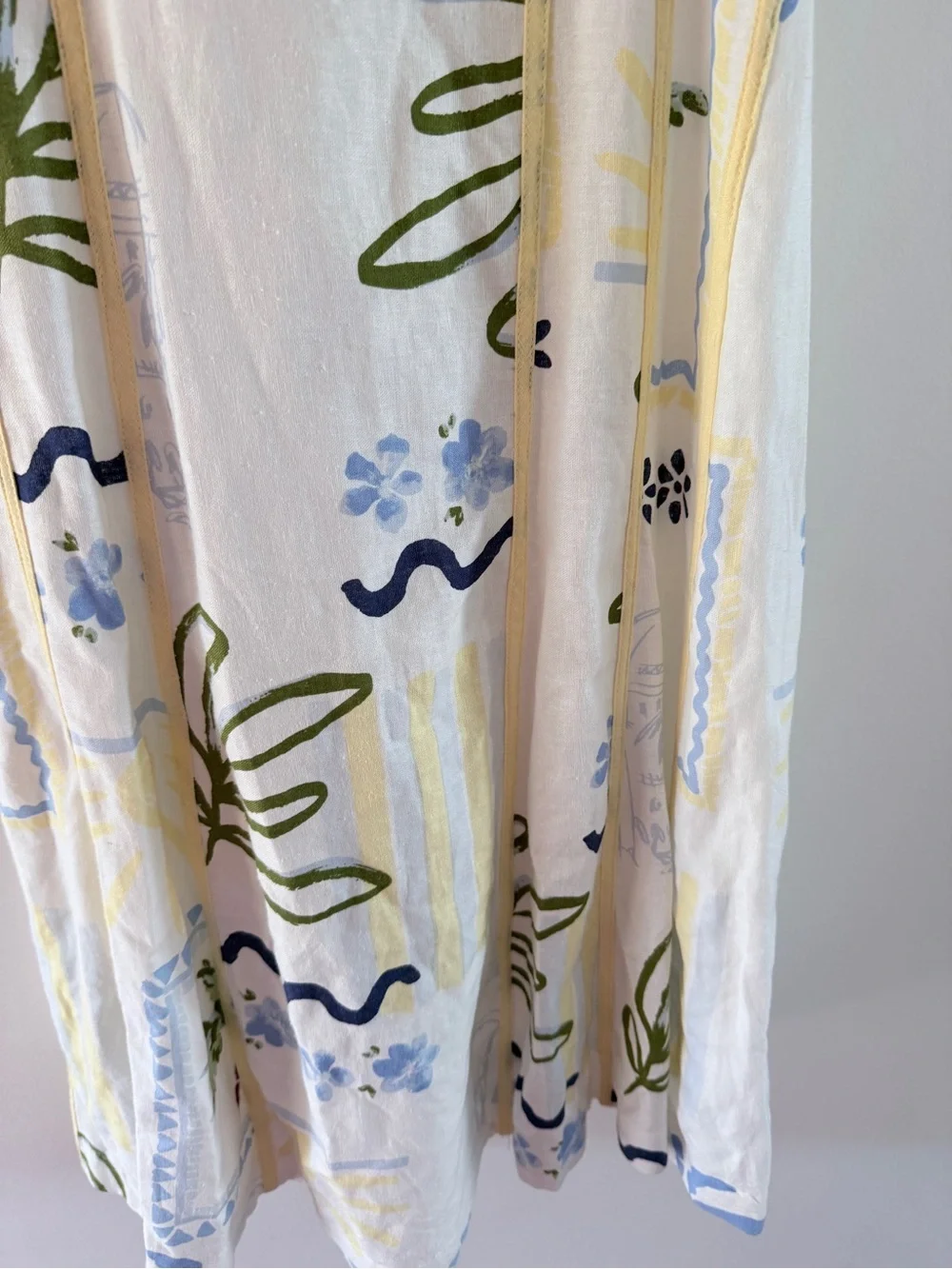 Caroline Constas White Sundress with Yellow Trim and Blue Print small waist